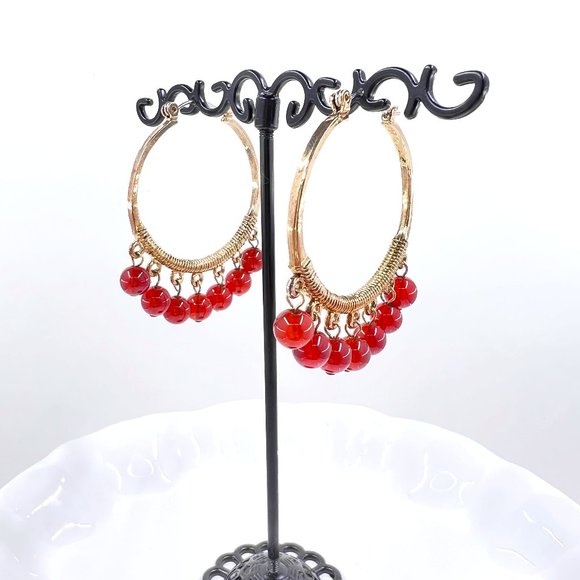 NWT - Stein Blye - Orange Semi-Precious Beaded Gold Tone Hinged Hoop Earrings - Picture 3 of 6